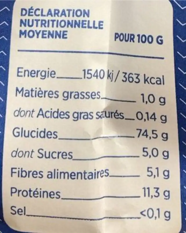 Vermicelle semi-complète nutrition facts table