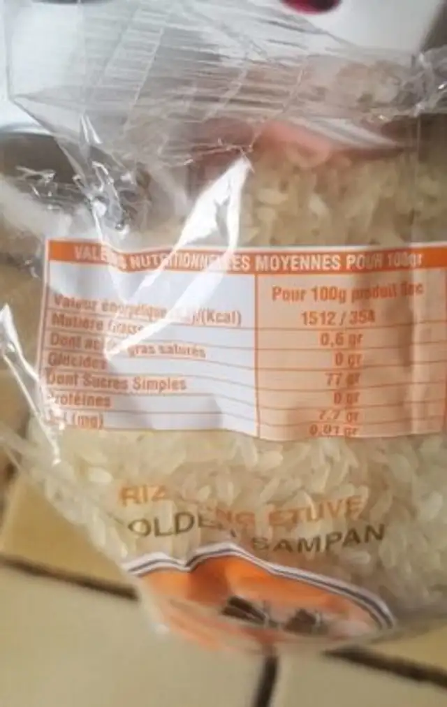 Riz lon étuve nutrition facts table