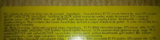 Chocolat blanc duo de caramel ingredients label