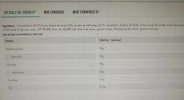 Chocolat blanc duo de caramel nutrition facts table