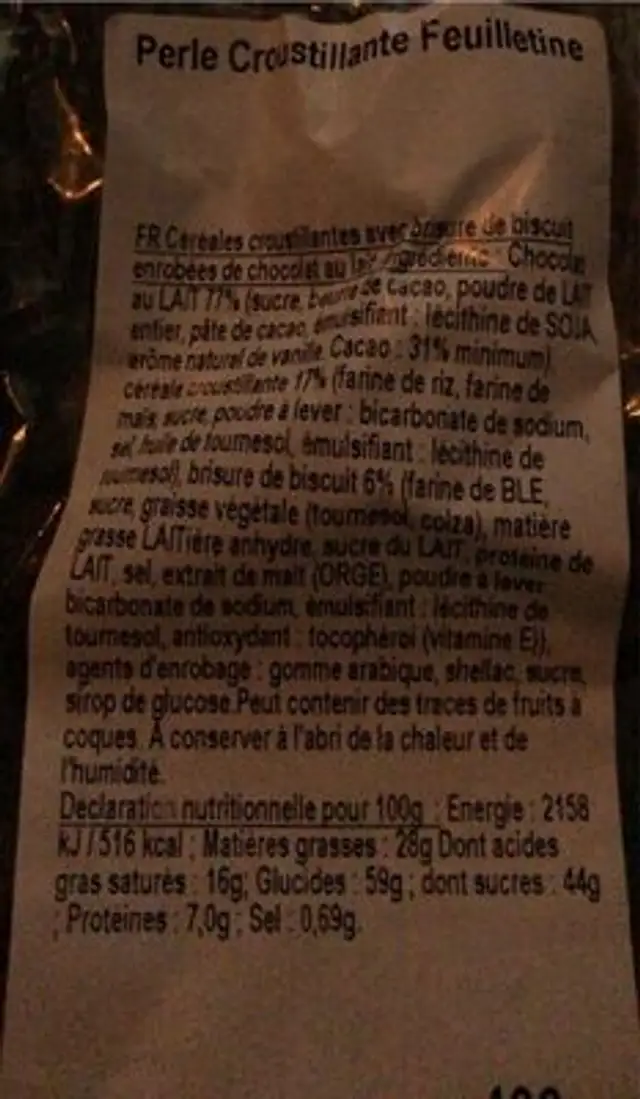 Perle croustillante feuilletine nutrition facts table