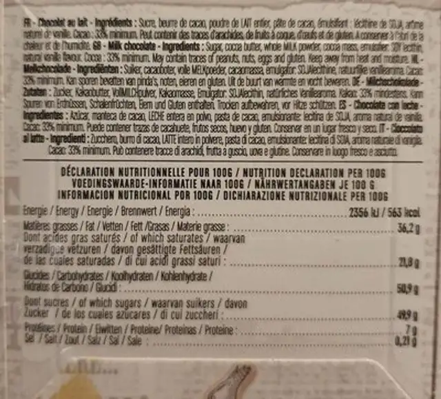 Tablette Maison Poudlard - Chocolat au lait nutrition facts table