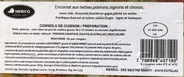 Encornets aux herbes, poivrons,ougnons et chorizo nutrition facts table