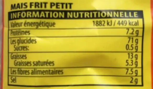 Mais frit petit nutrition facts table
