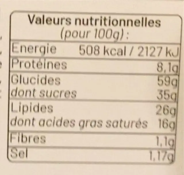 Roses des sables nutrition facts table