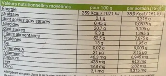 Poudre d’herbe de blé bio nutrition facts table