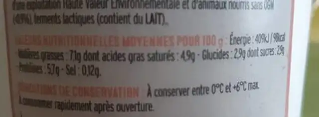Yaourth brassé au lait de brebis nutrition facts table