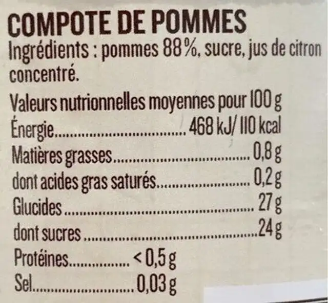 Compote de pommes de la vallée de la Garonne nutrition facts table