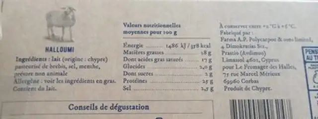 Halloumi nutrition facts table