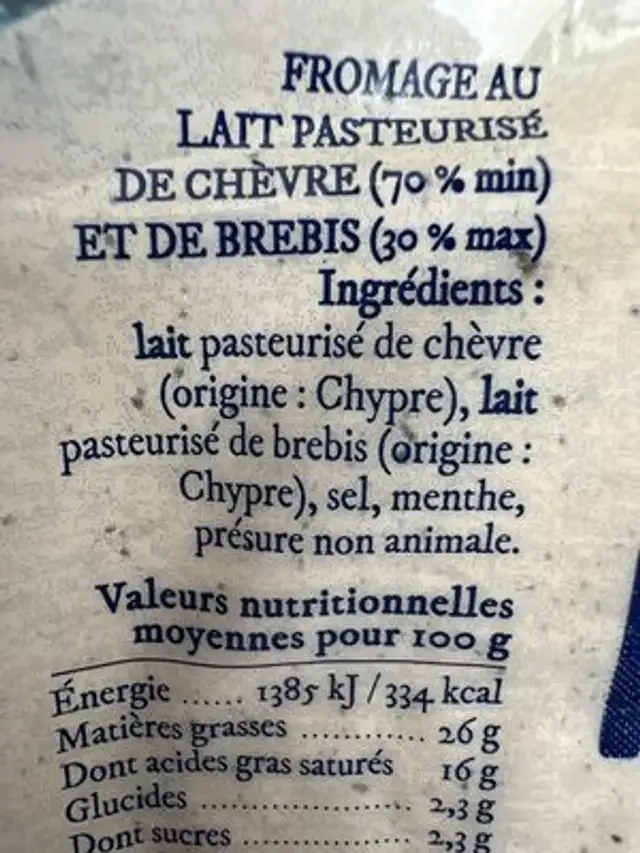 Halloumi de Chypre ingredients label