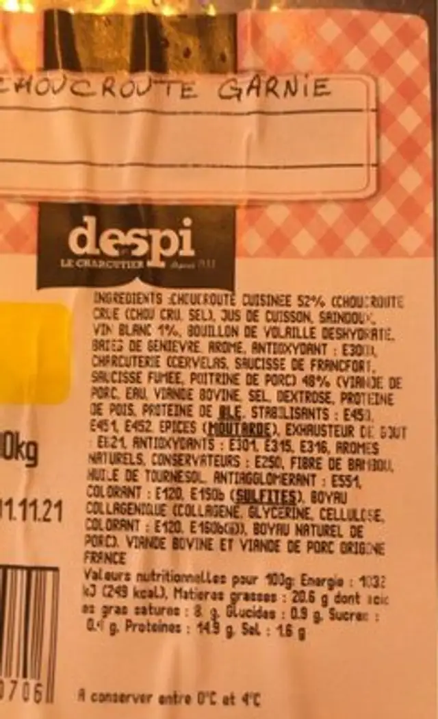 Choucroute nutrition facts table
