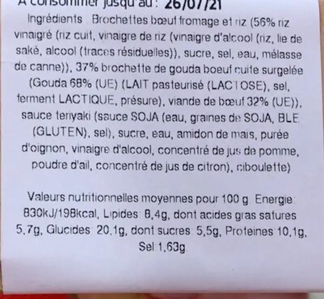 Brochettes boeuf fromage nutrition facts table
