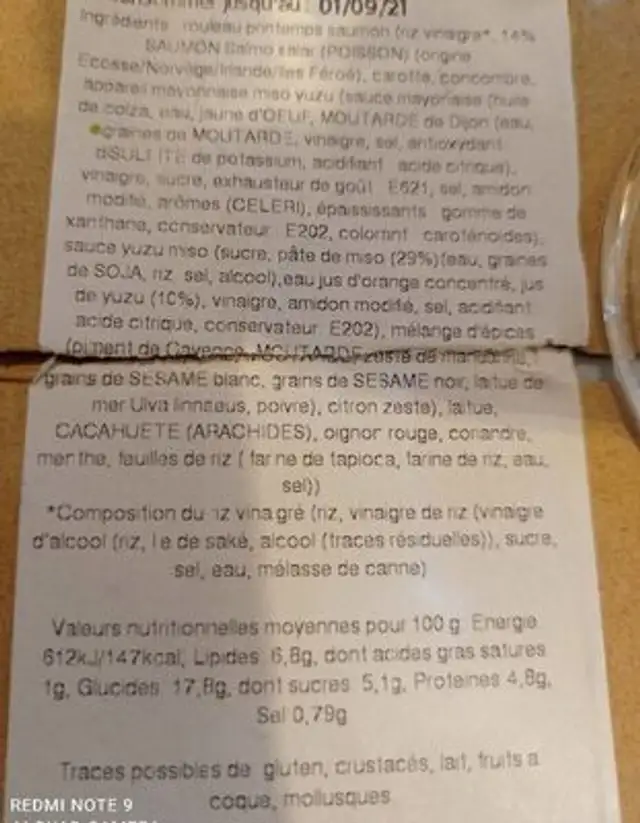 Rouleau de printemps saumon nutrition facts table