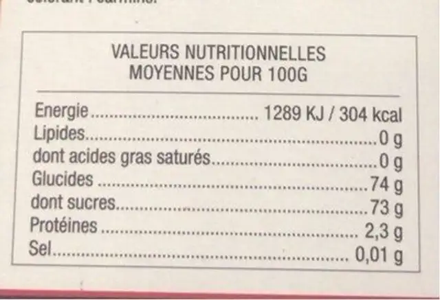 L’artisanale nutrition facts table