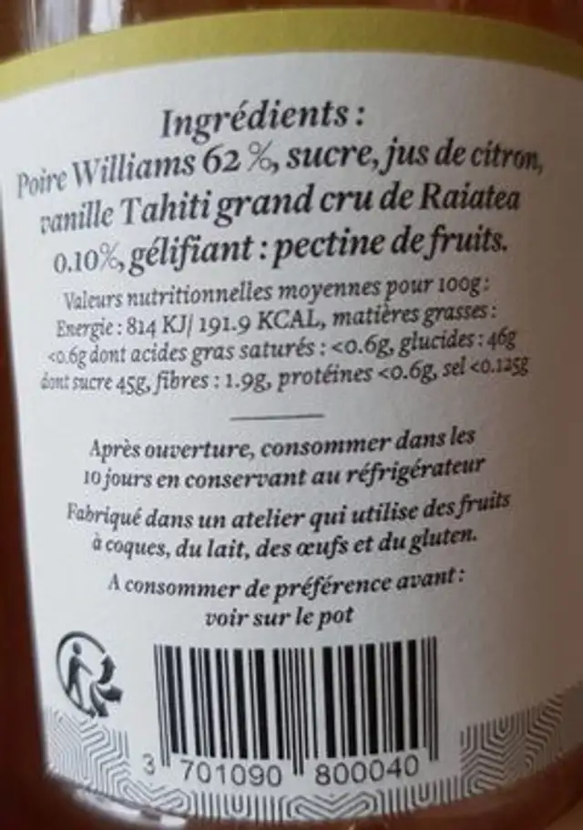 Poire Williams confiture nutrition facts table