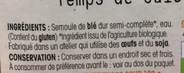 Coquillettes semies completes ingredients label