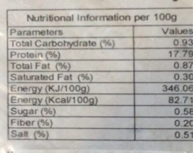 Crevettes entieres crues nutrition facts table