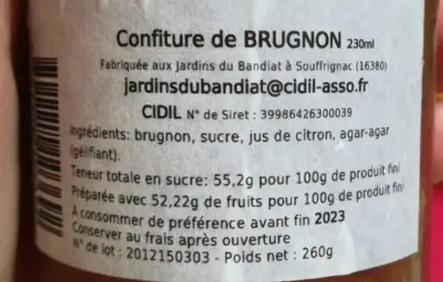 Confiture artisanale brugnon nutrition facts table