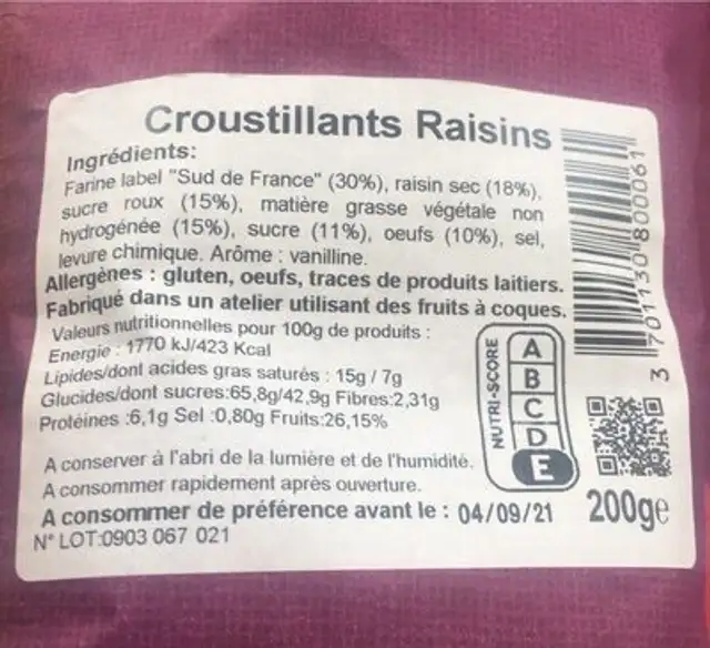 croustillants raisins nutrition facts table