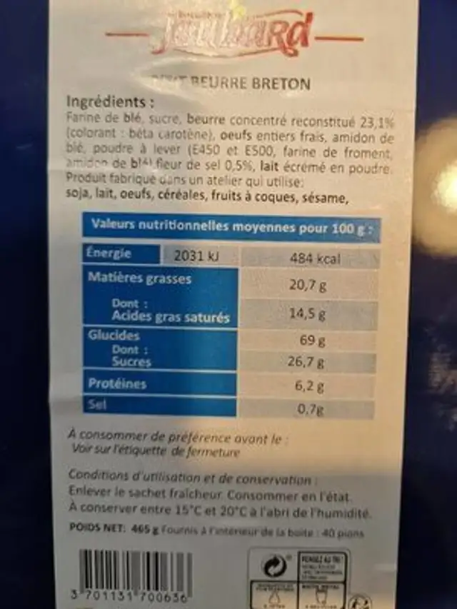 Petit beurre Breton nutrition facts table