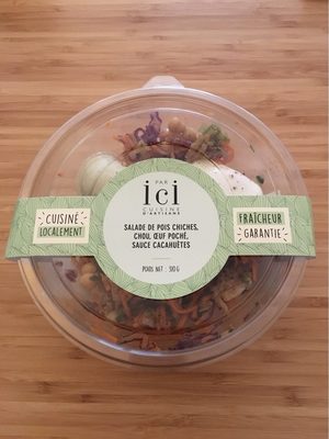 Salade de pois chiches, chou, oeuf poché, sauce cacahuètes front packaging