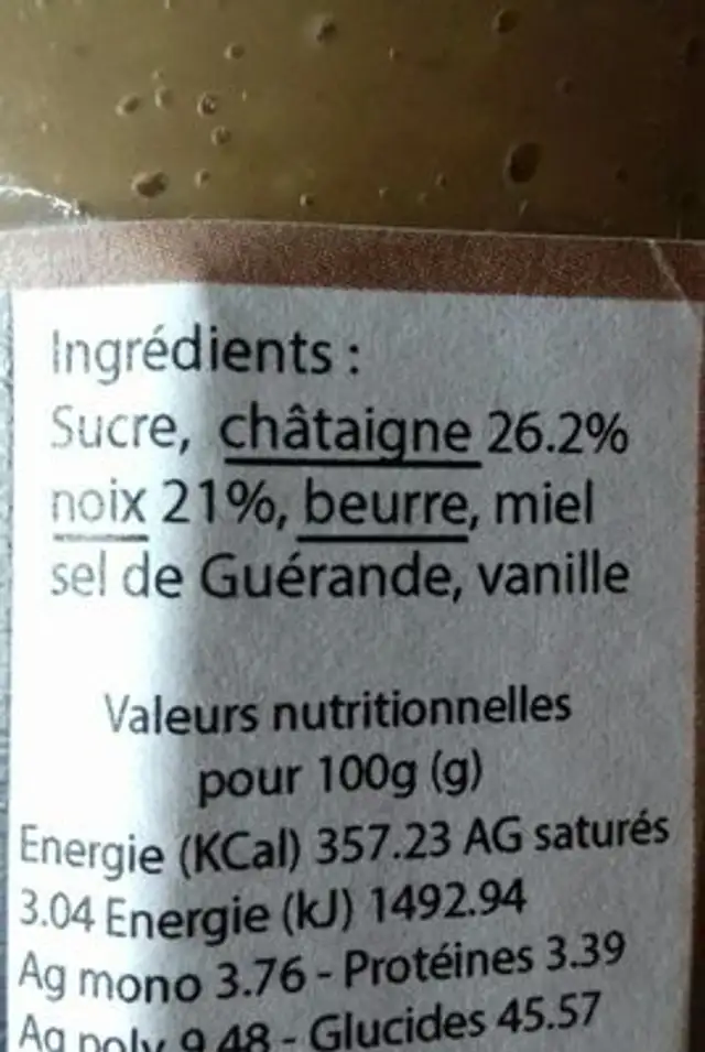 Crème de noix châtaignes beurre salé ingredients label