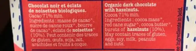Chocolat ingredients label