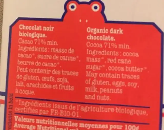 Chocolat ingredients label