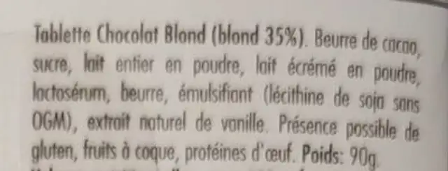 Chocolat blond ingredients label