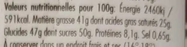 Chocolat blond nutrition facts table