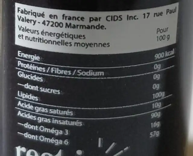 Huile culinaire au CBD nutrition facts table