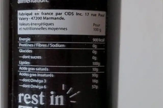 Huile de chanvre au CBD et herbes de Provence nutrition facts table