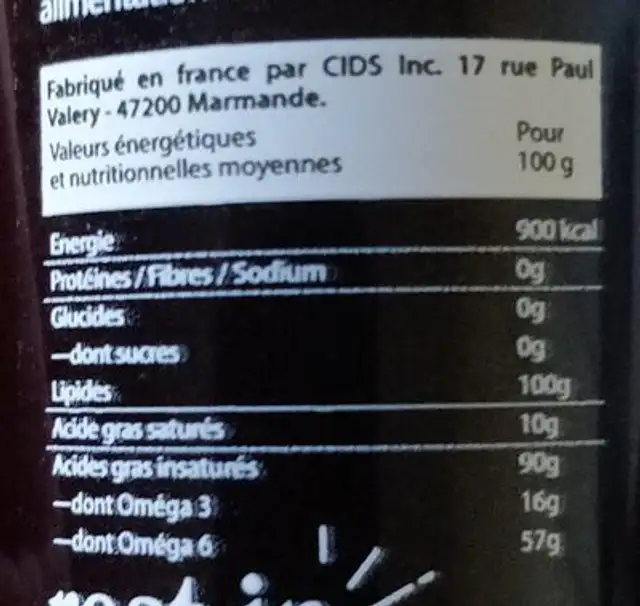 Huile culinaire au CBD nutrition facts table