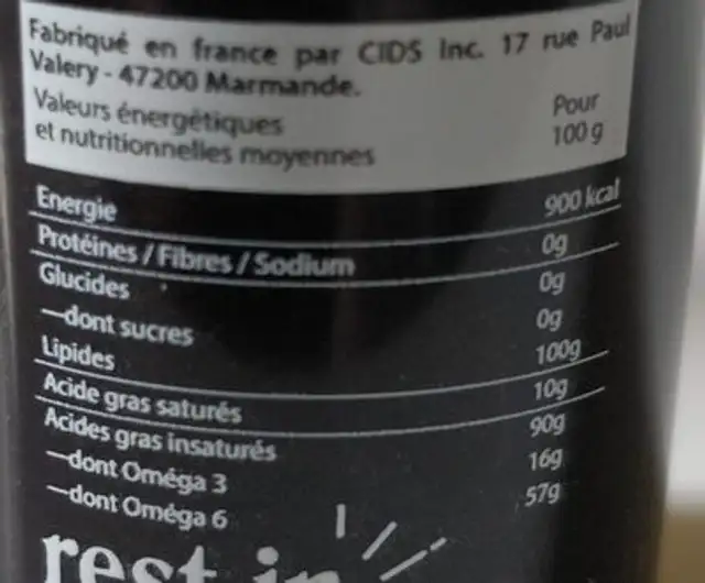 Huile culinaire au CBD nutrition facts table