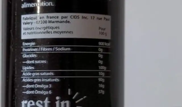 Huile de chanvre au CBD et Citron nutrition facts table