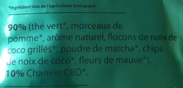 Thé vert au CBD nutrition facts table