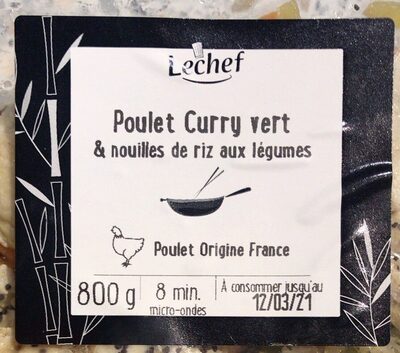 Poulet curry vert et nouilles de riz aux légumes front packaging