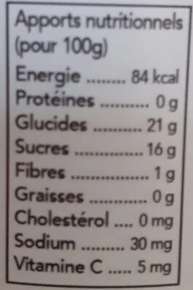 Perle de fruit nutrition facts table