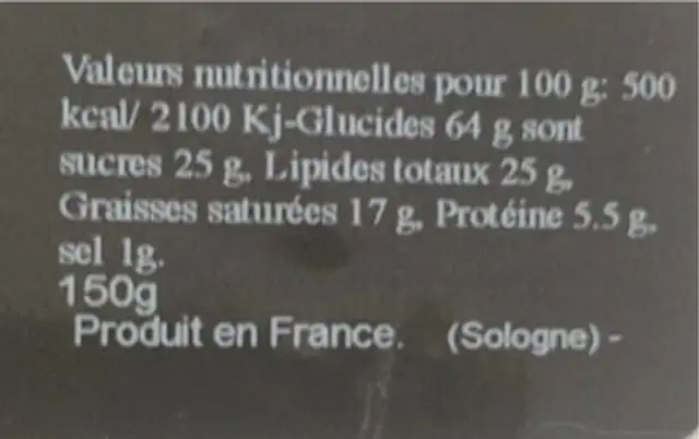 Macarons Renaissance nutrition facts table