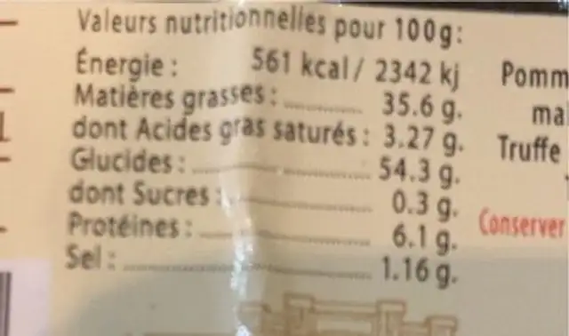 Chips a la truffe nutrition facts table