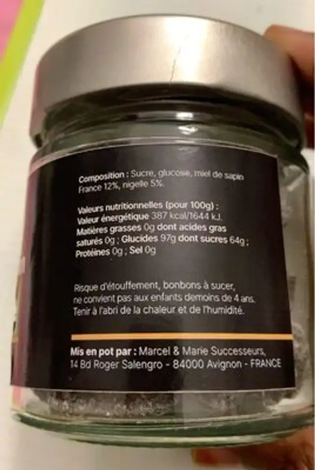 Bonbons au miel de sapin et nigelle nutrition facts table