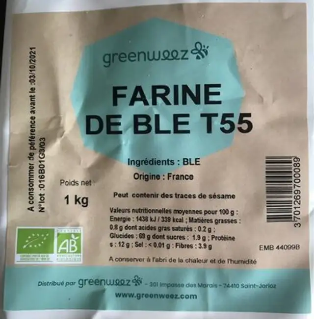 Farine de blé bio T55 nutrition facts table