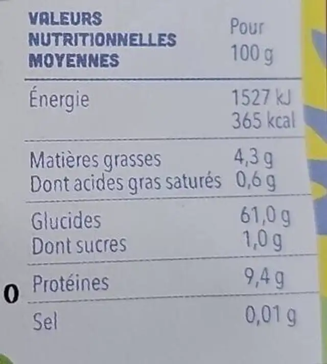 Maïs pop corn bio nutrition facts table