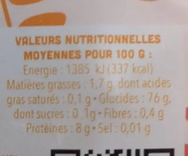 Riz basmati blanc bio nutrition facts table