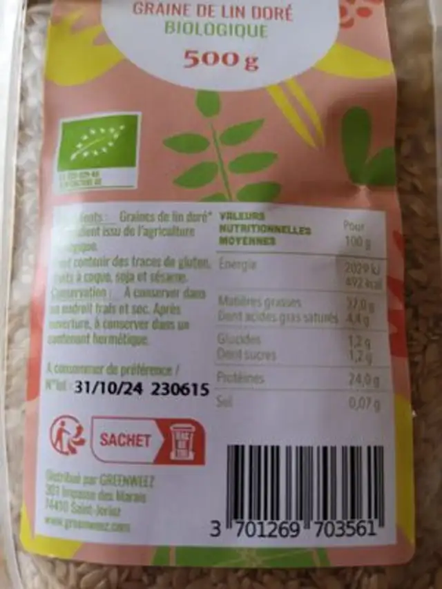 Graines de lin doré bio ingredients label