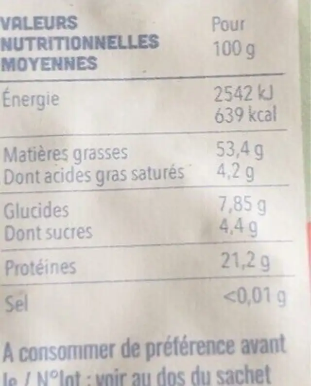 Amande décortiquée nutrition facts table