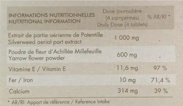 Claricycle nutrition facts table