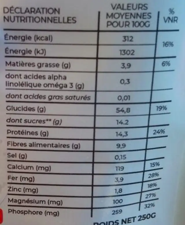 Super Farine Carotte-Courge nutrition facts table