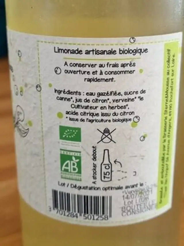 Limonade artisanale biologique nutrition facts table