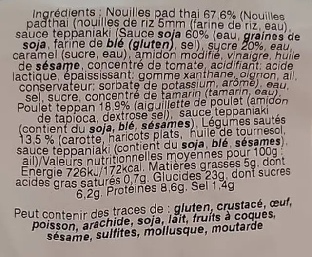Pad Thaï au Poulet nutrition facts table